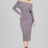 Vestido midi manga larga rib off shoulder