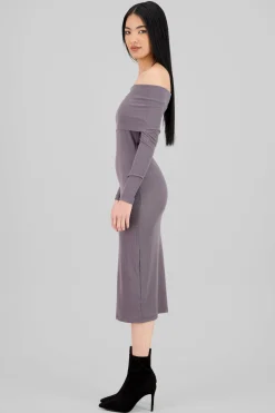Vestido midi manga larga rib off shoulder
