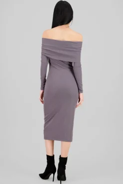 Vestido midi manga larga rib off shoulder