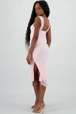 Vestido midi mesh fruncido con copas