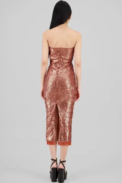 Vestido midi strapless lentejuelas