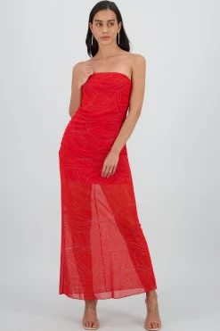 Vestido strapless midi drapeado detalle brillos