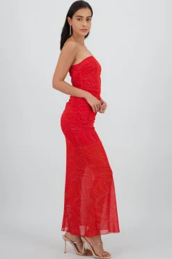 Vestido strapless midi drapeado detalle brillos