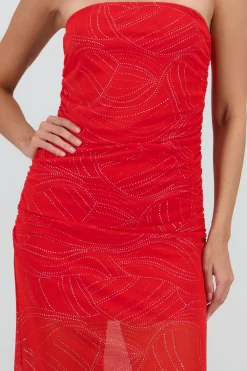 Vestido strapless midi drapeado detalle brillos